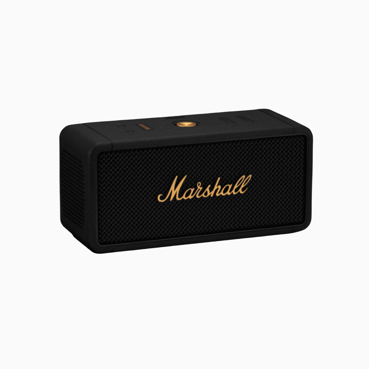 Black Marshall speaker with gold logo on a white background