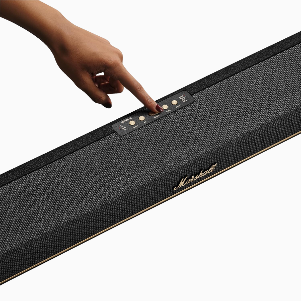 Marshall speaker being interacted with by a hand on a white background