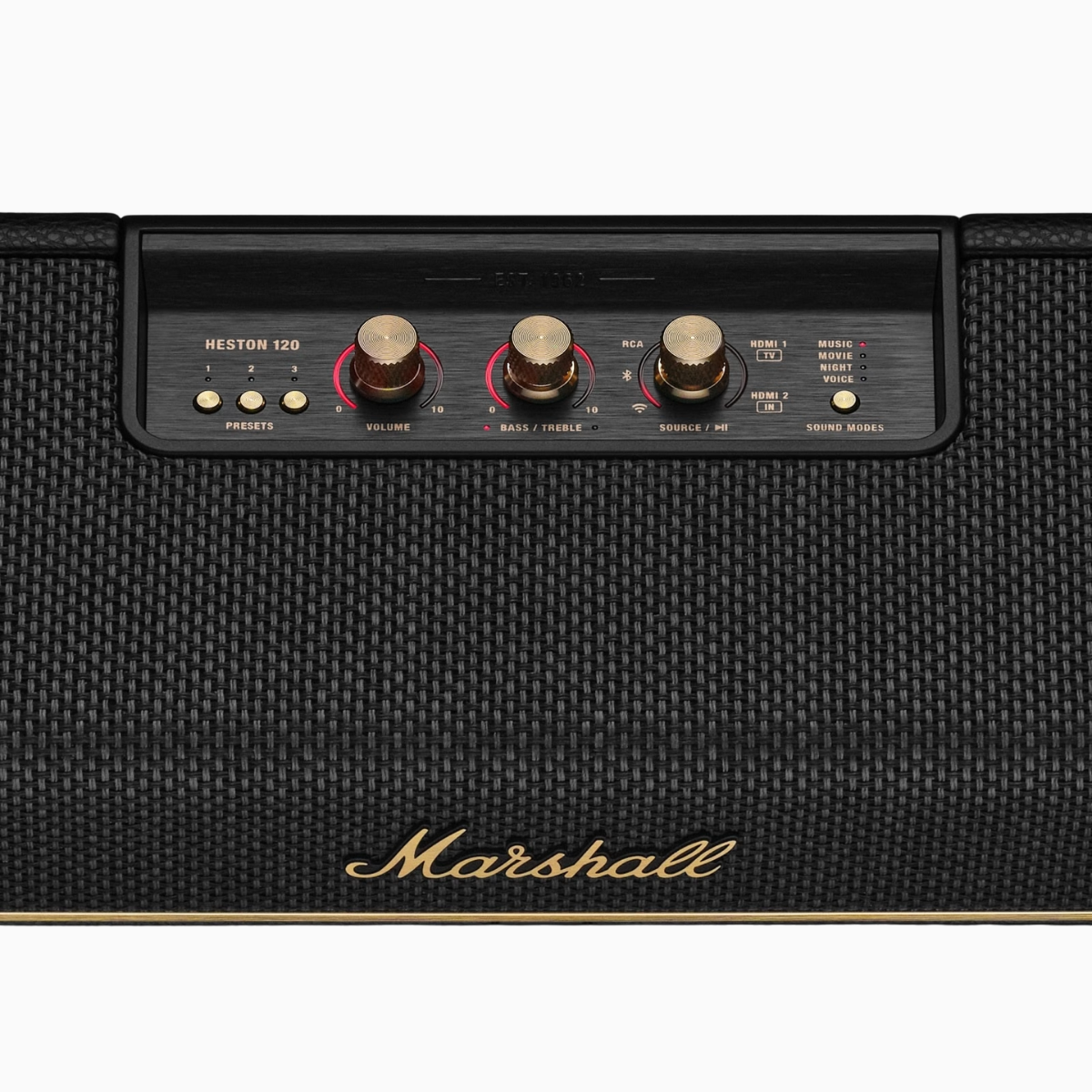 Marshall amplifier head with control knobs on a white background