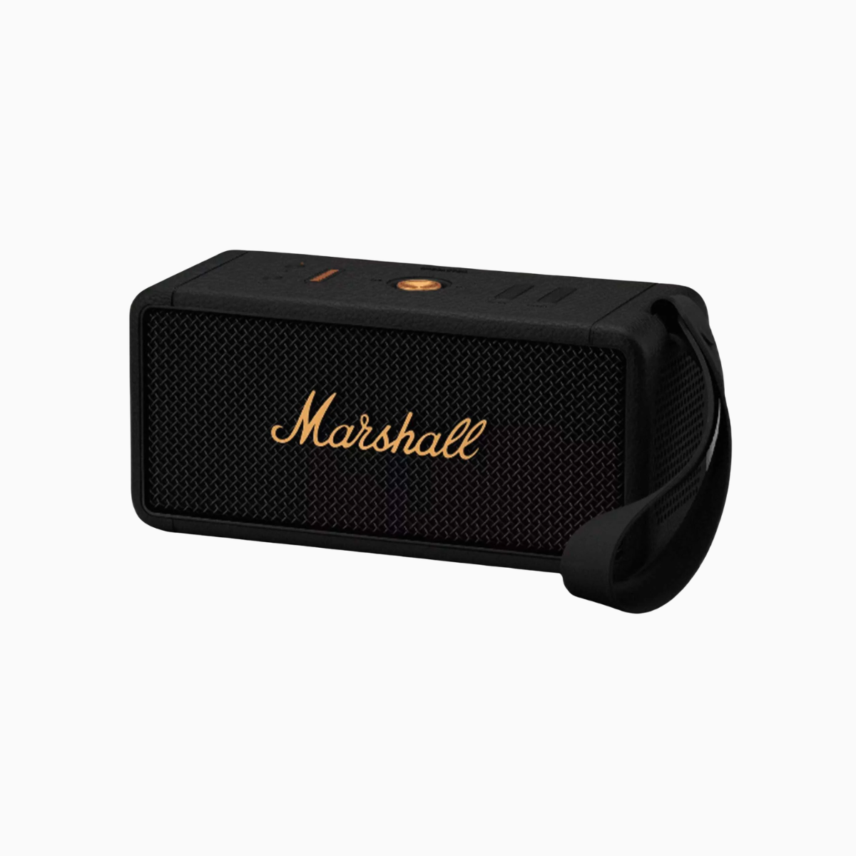 Black Marshall speaker with gold logo on a white background
