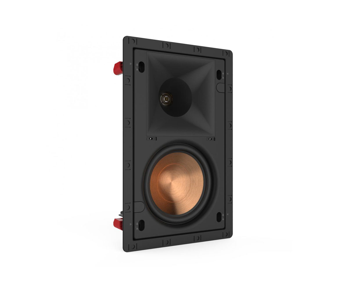 Black ceiling speaker with copper driver on a white background