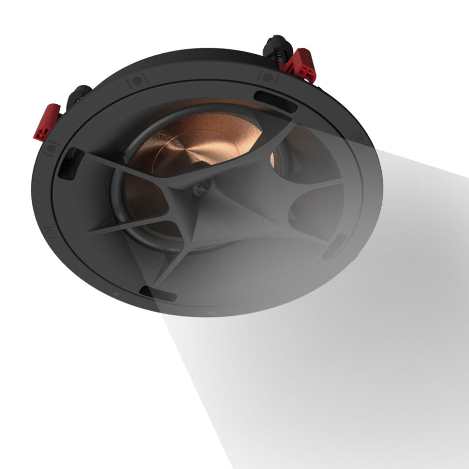 Ceiling-mounted speaker with black and copper design on a white background