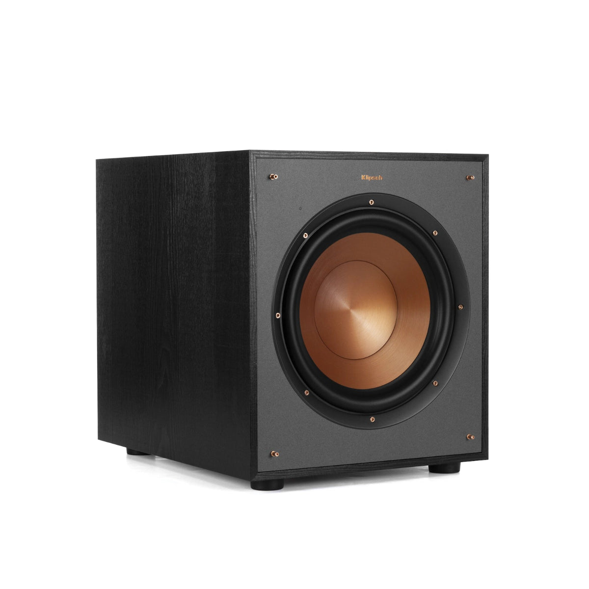 Black subwoofer with copper driver on a white background