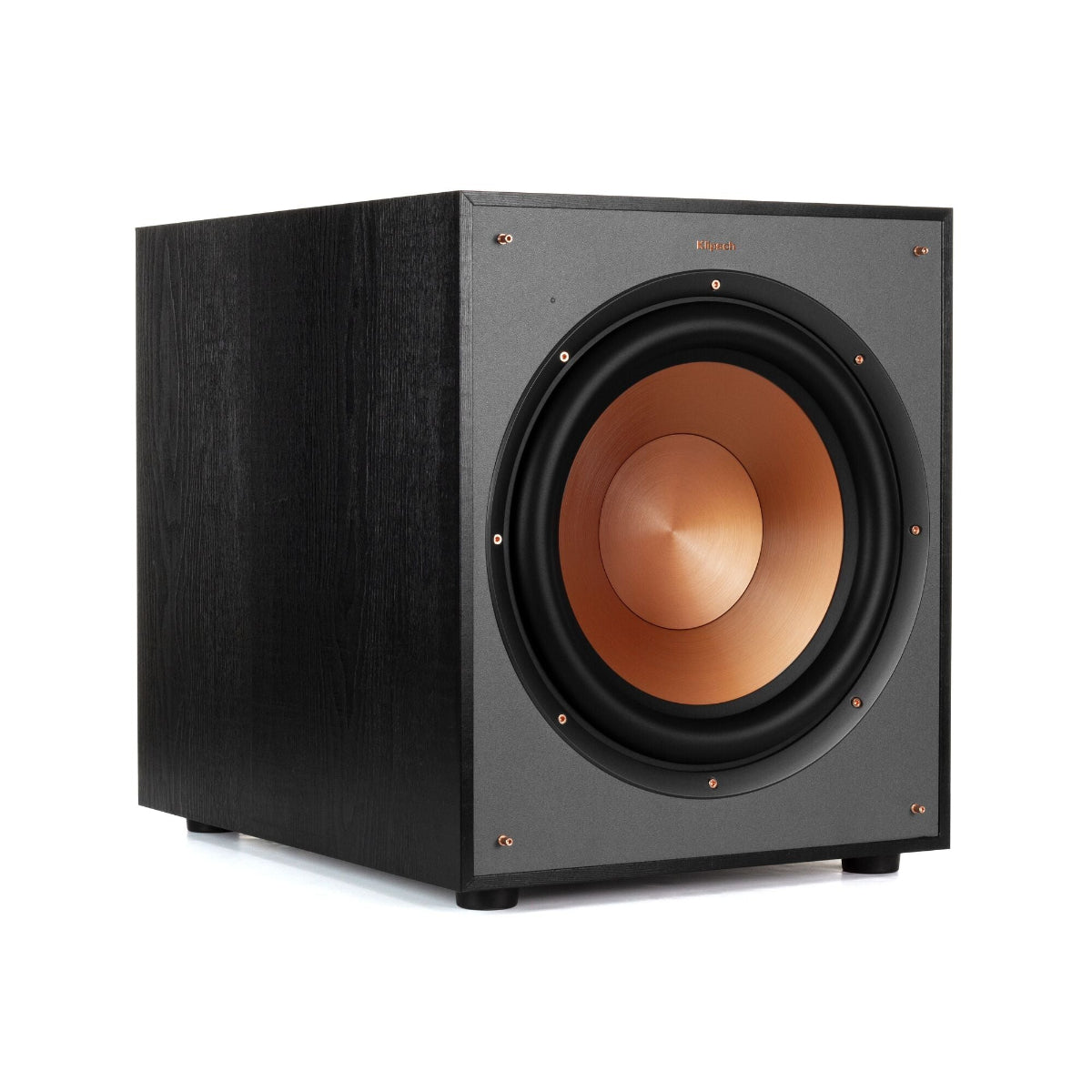 Black subwoofer with visible brand logo on a white background