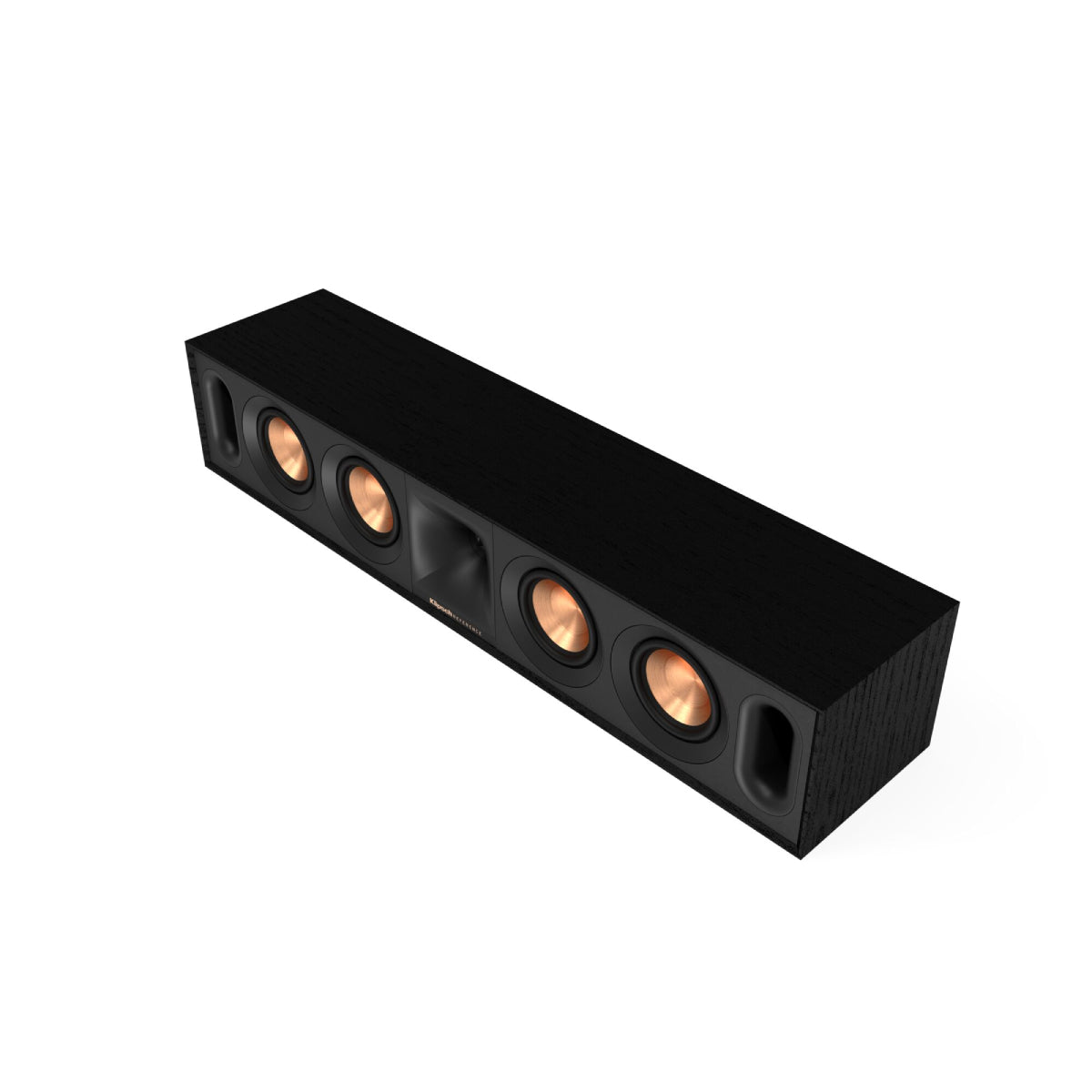 Black speaker bar with multiple drivers on a white background