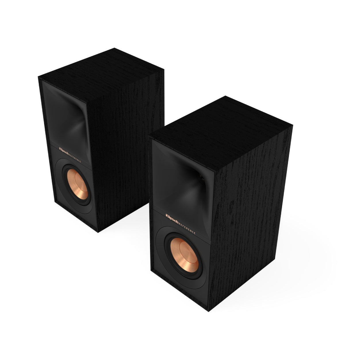 Pair of black speakers with brand logo on a white background
