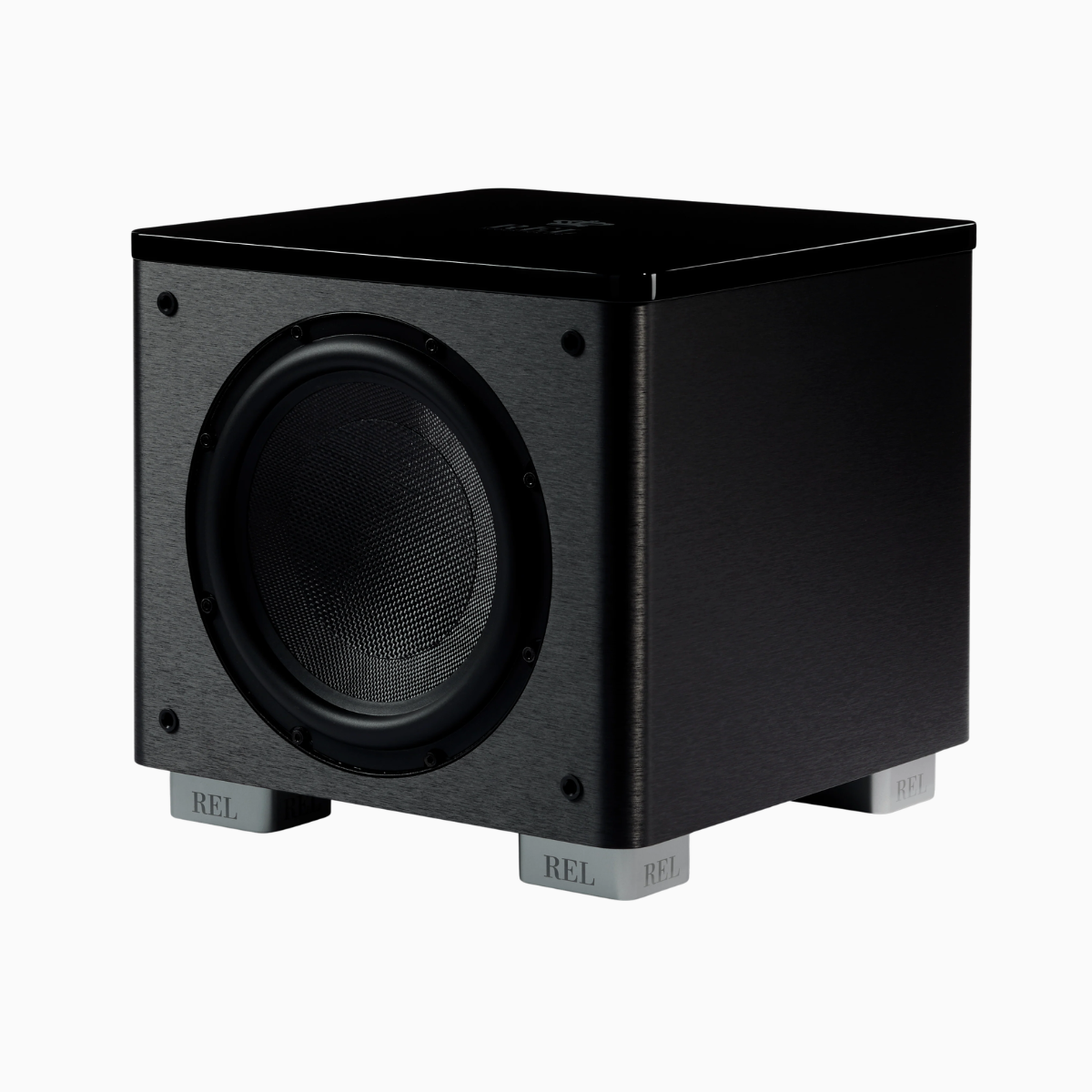 Black subwoofer with REL branding on a white background