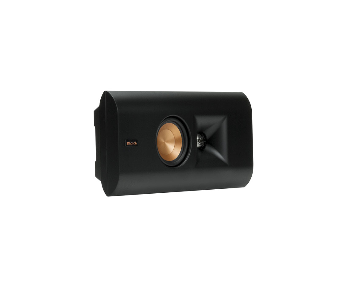 Black speaker with gold center on a white background
