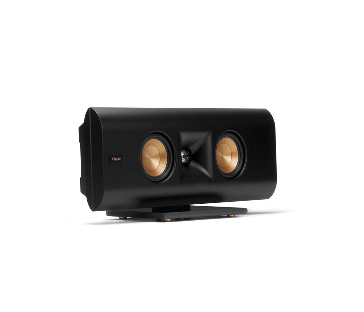 Black speaker with gold accents on a white background