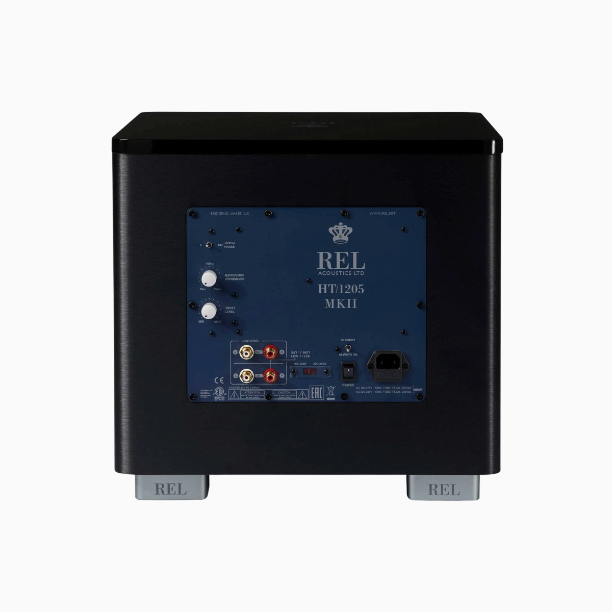 Back view of a black audio subwoofer with REL branding on a white background