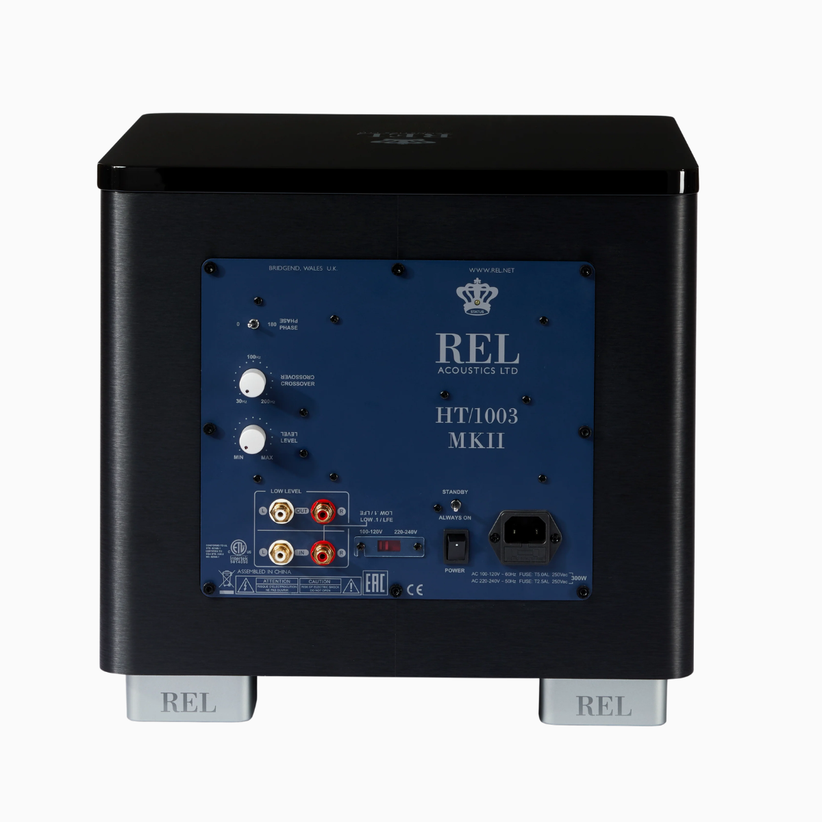 Back panel of a REL Acoustics speaker with branding and model information.