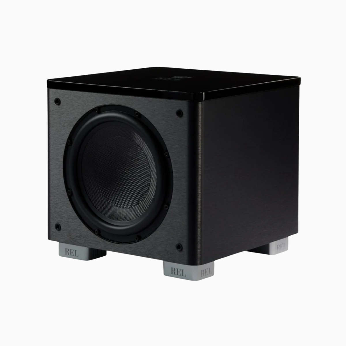 Black subwoofer with REL branding on a white background