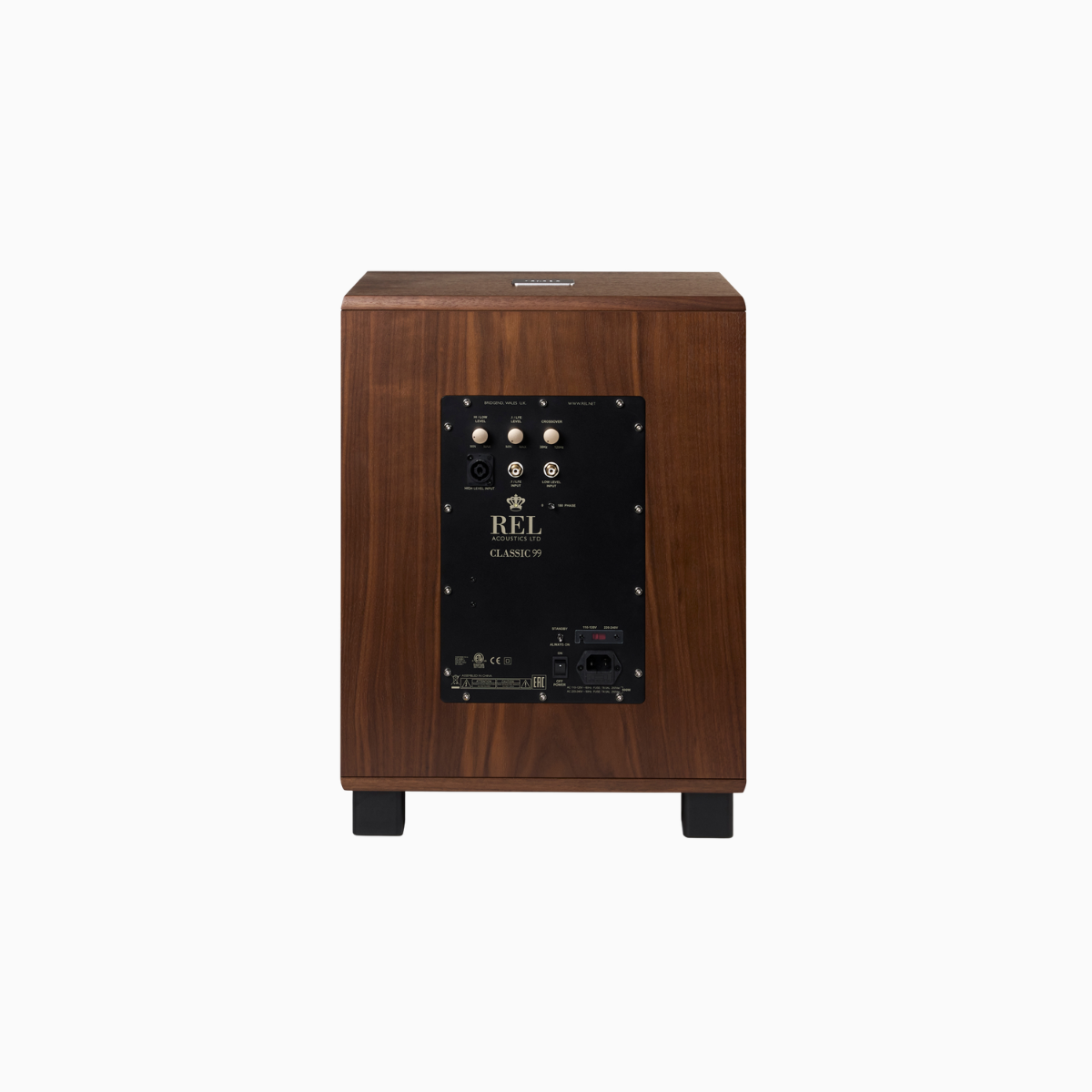 Wooden speaker with black control panel on a white background