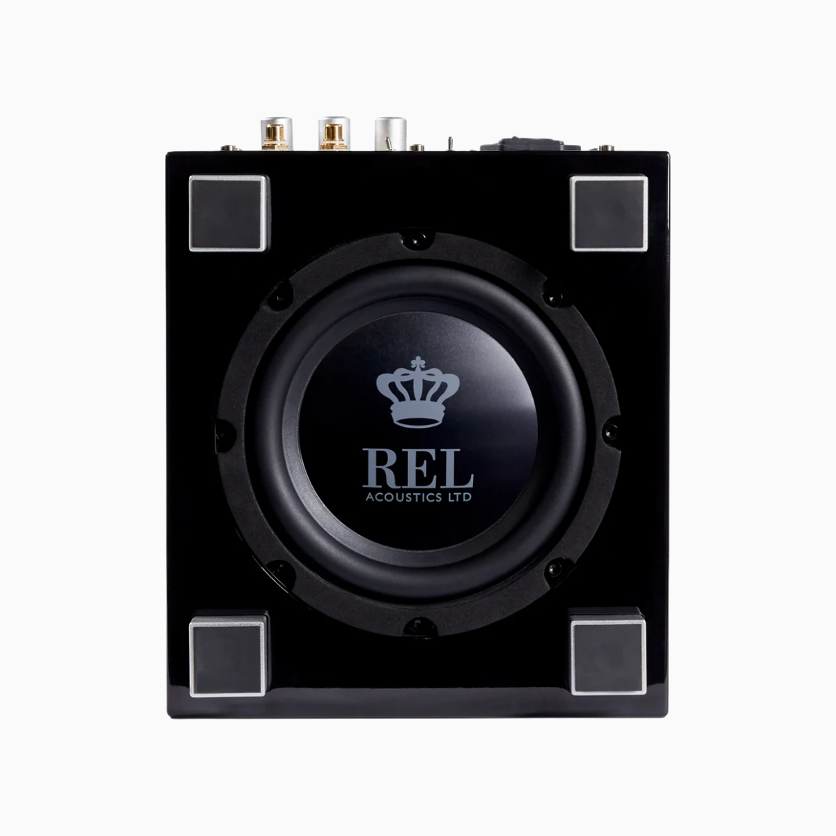 Black subwoofer with REL Acoustics LTD logo on a white background