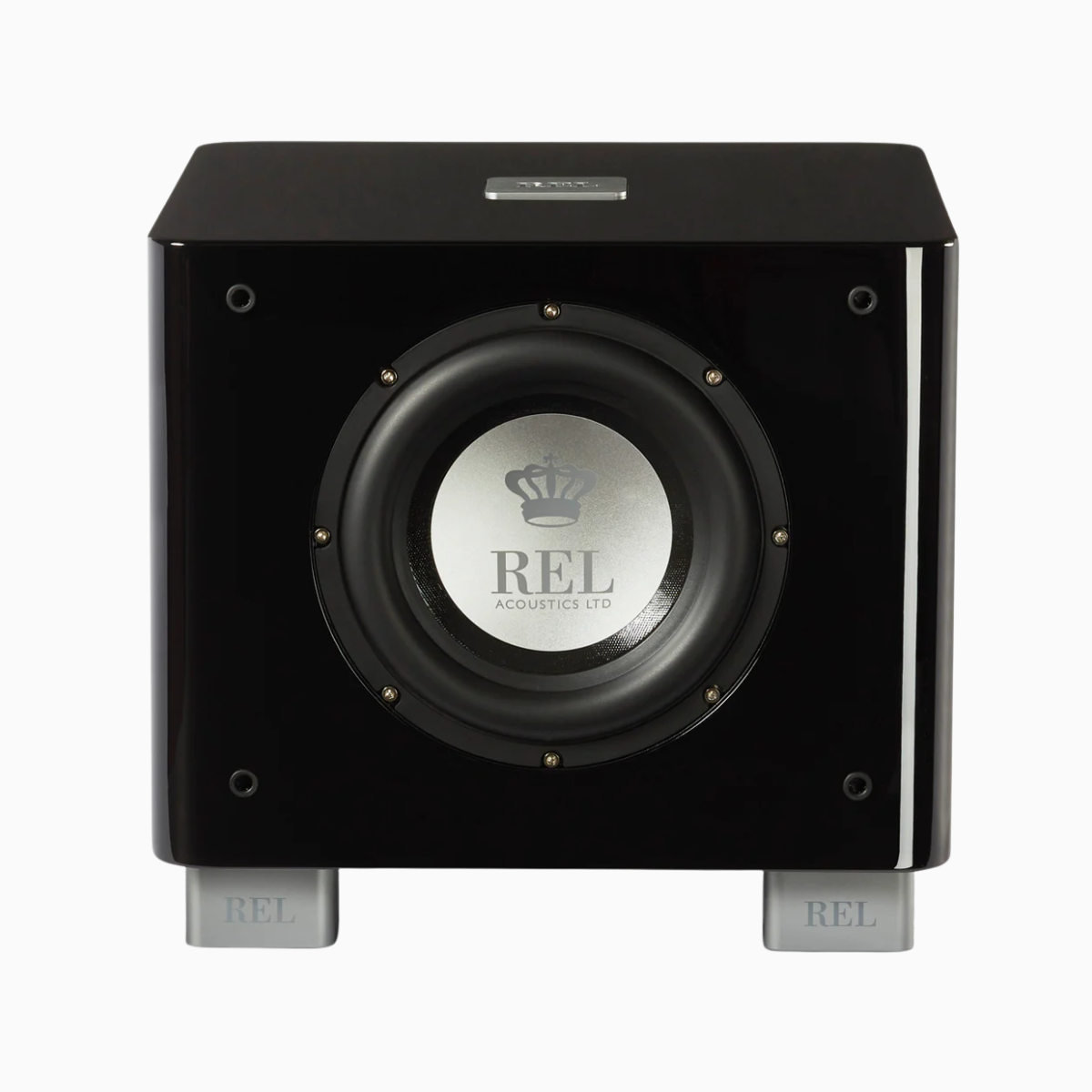 Black subwoofer with REL Acoustics logo on a white background