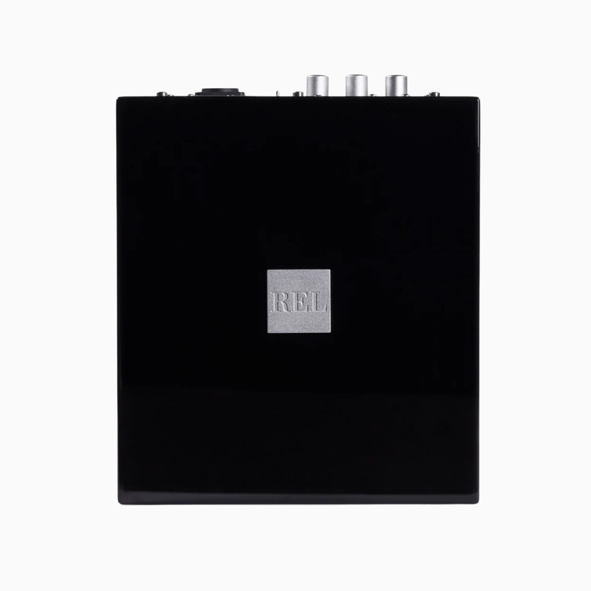 Black audio amplifier with 'REL' logo on a white background