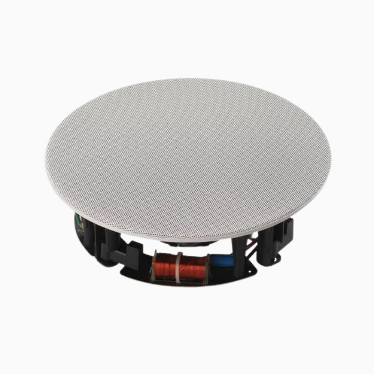 Round ceiling speaker with a white grille on a white background