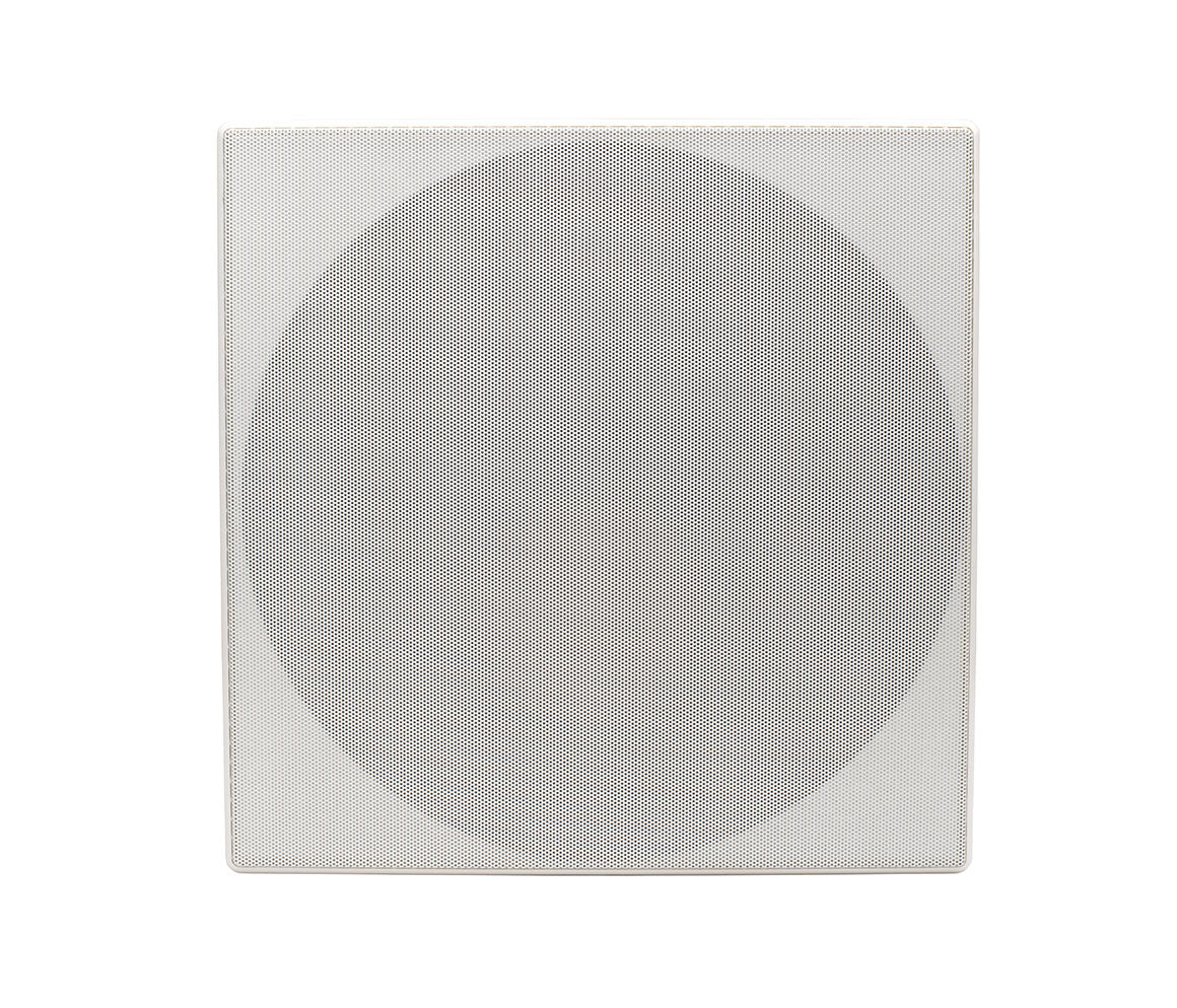Square speaker grille with a circular mesh design on a white background