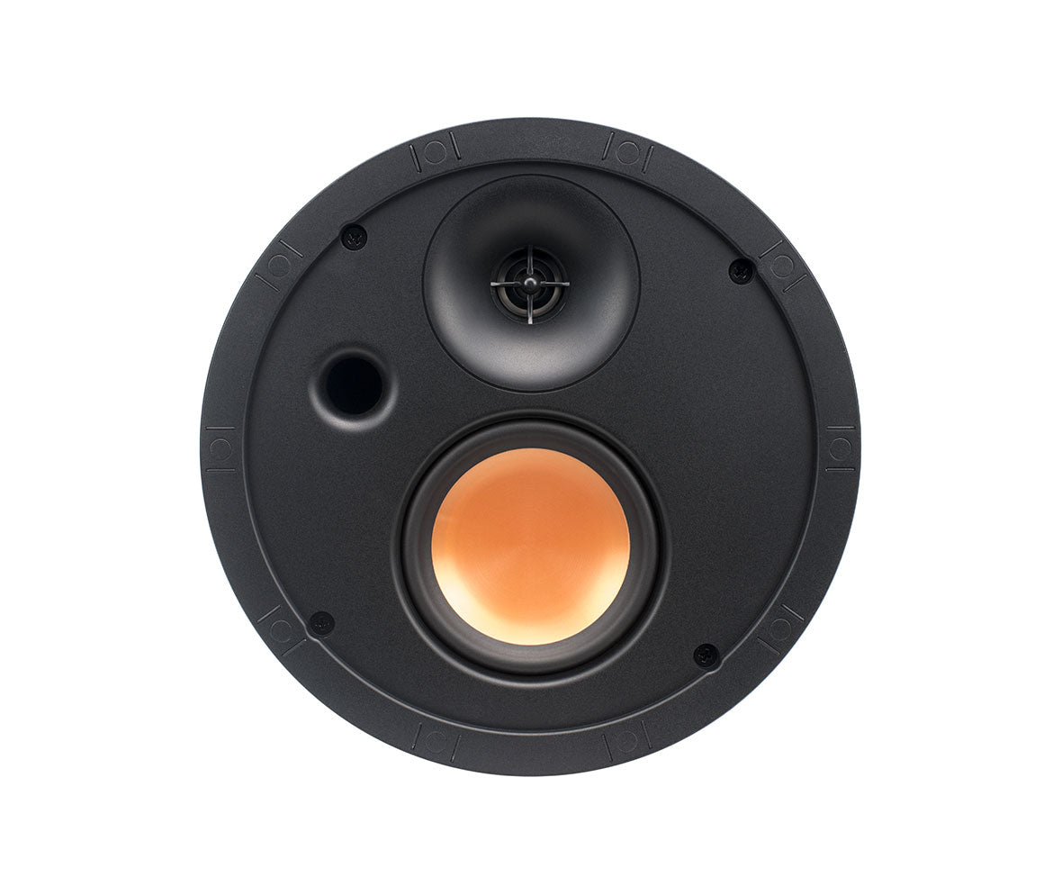 Round speaker with black exterior and orange interior on a white background