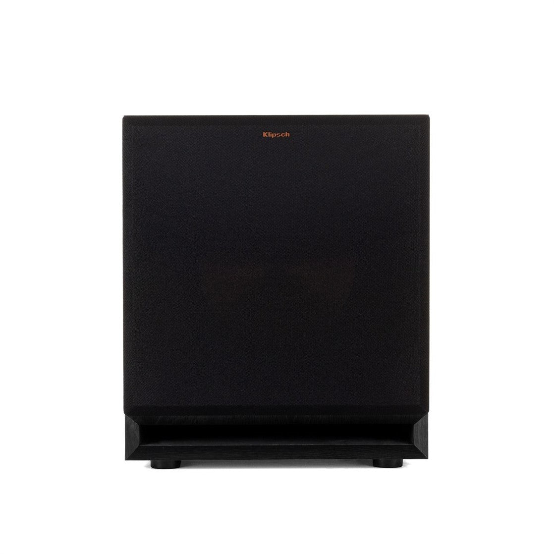 Black subwoofer with Klipsch logo on a white background