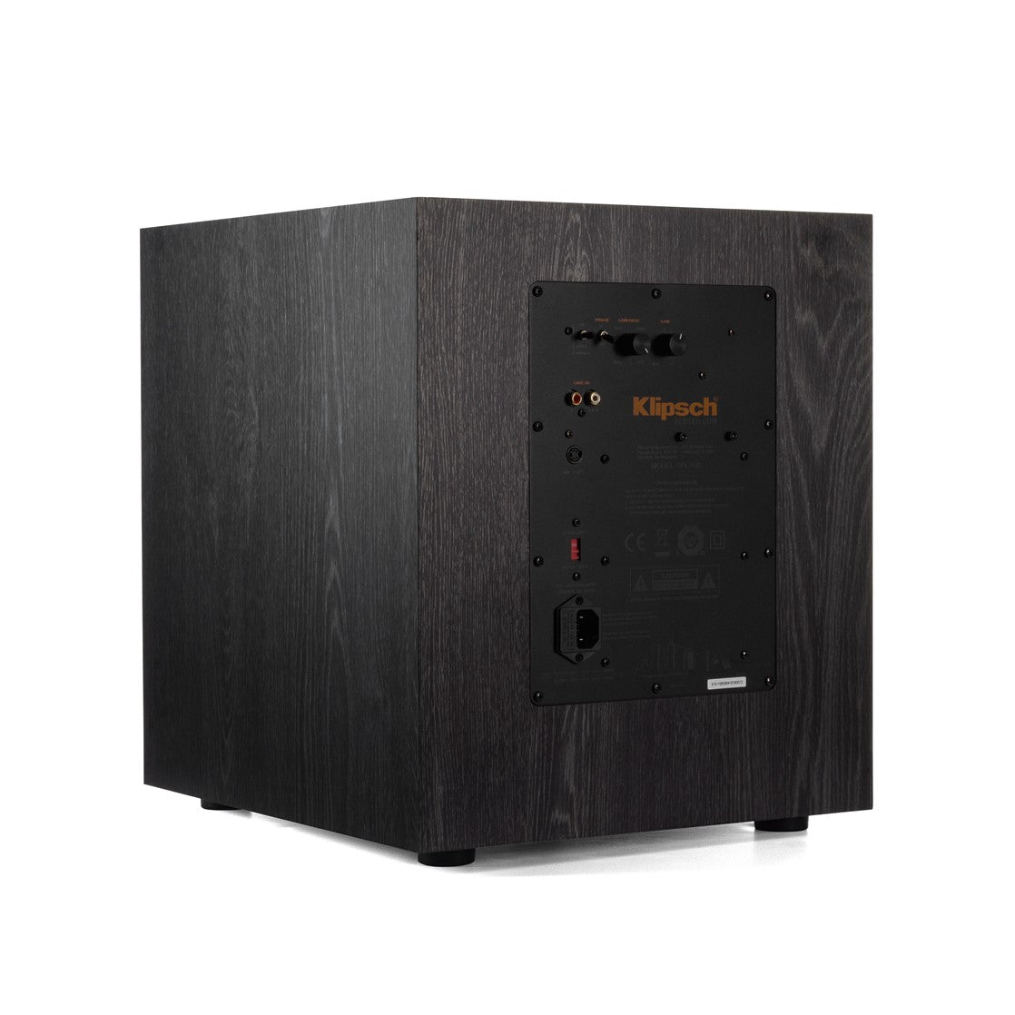 Black subwoofer with Klipsch logo on a white background