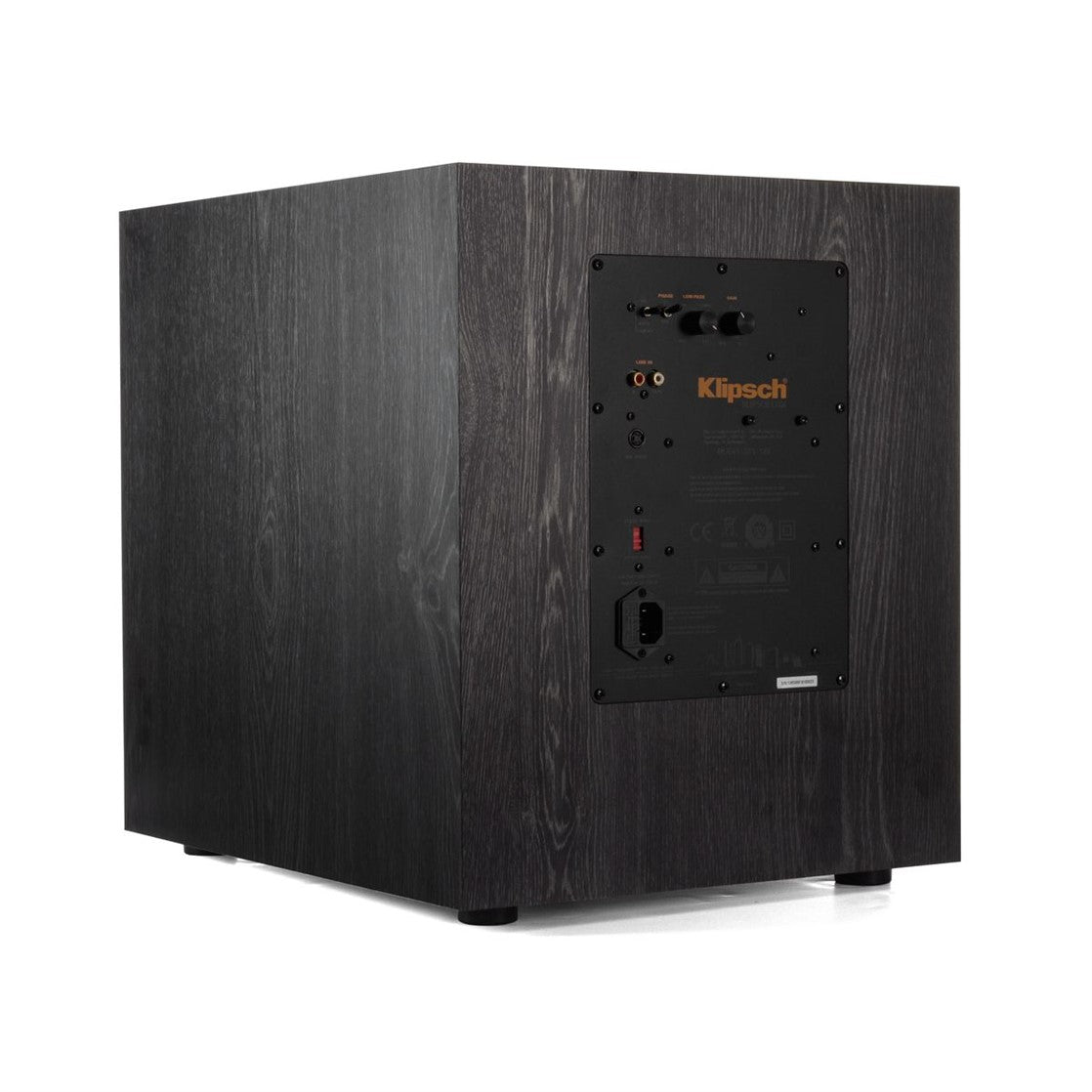 Black subwoofer with brand logo on a white background