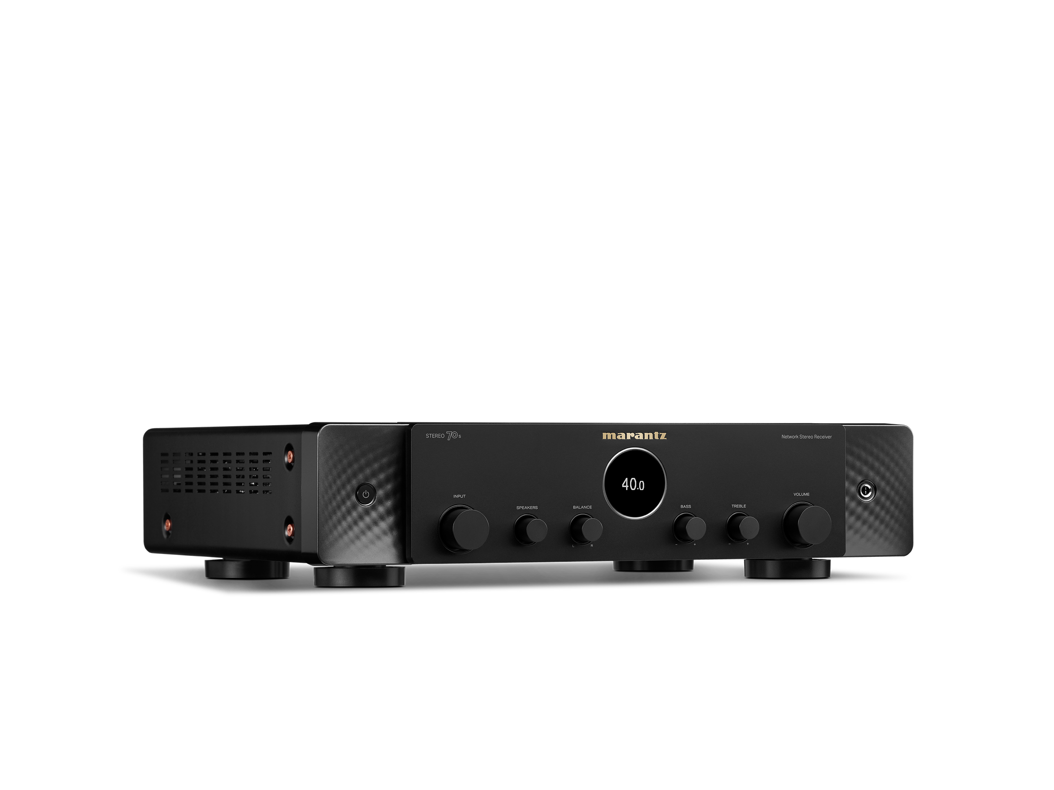 Black audio amplifier with brand logo on a white background