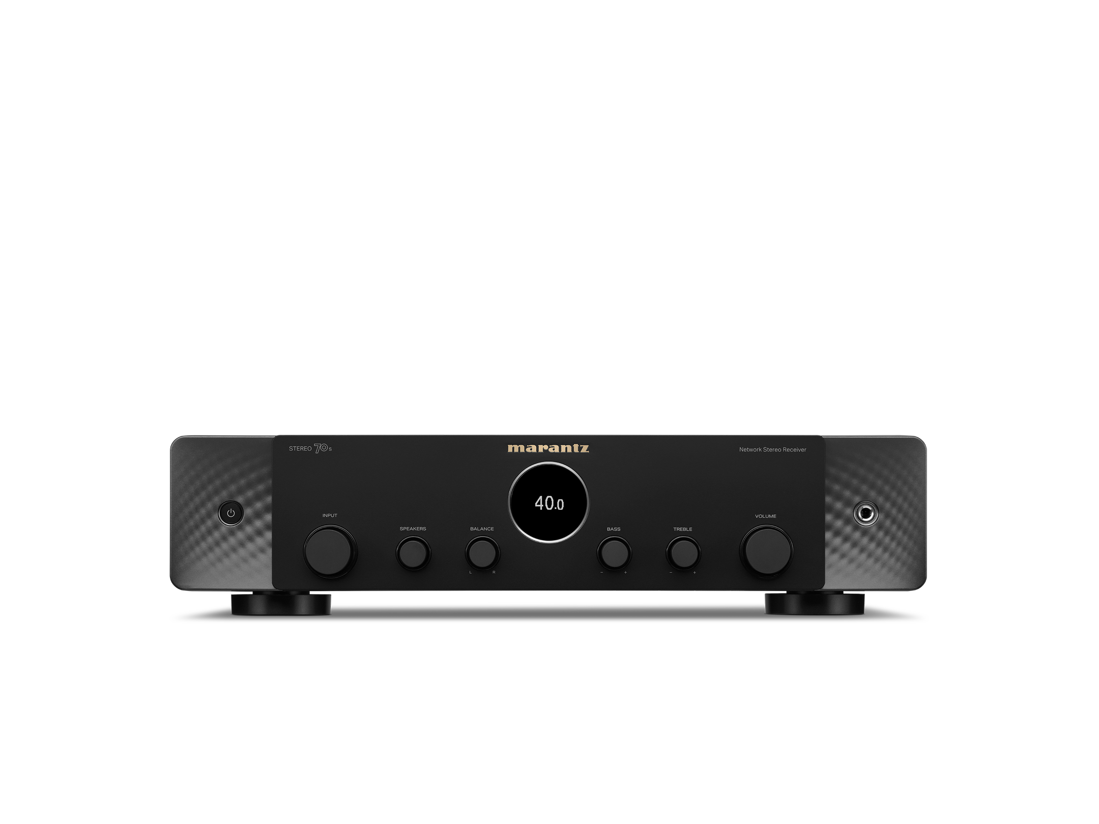 Black audio amplifier with 'marantz' branding on a white background