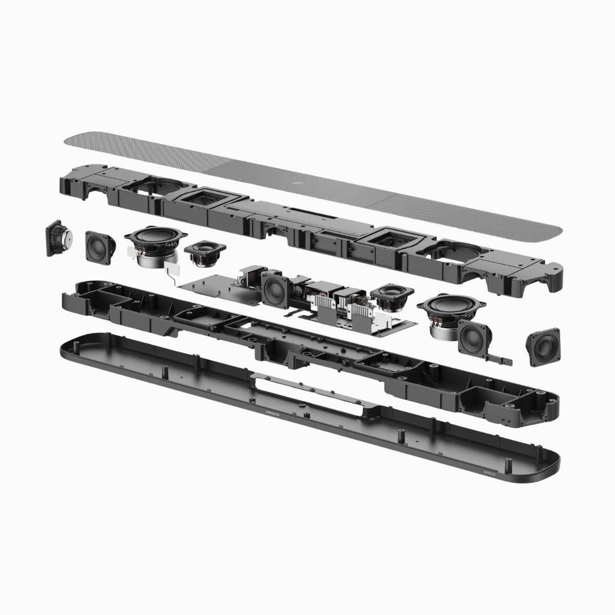 Disassembled electronic device on a white background