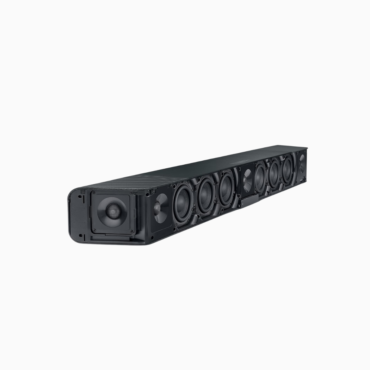 Black soundbar with multiple speakers on a white background