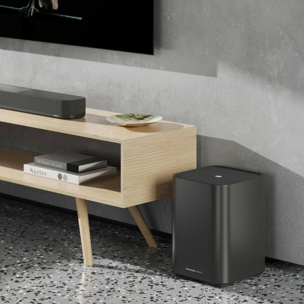 Modern living room with wooden TV stand and black Sonos speaker.