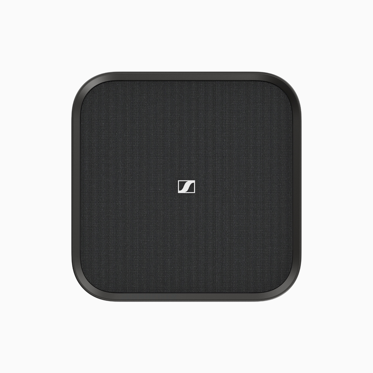 Black square speaker with Sennheiser logo on a white background