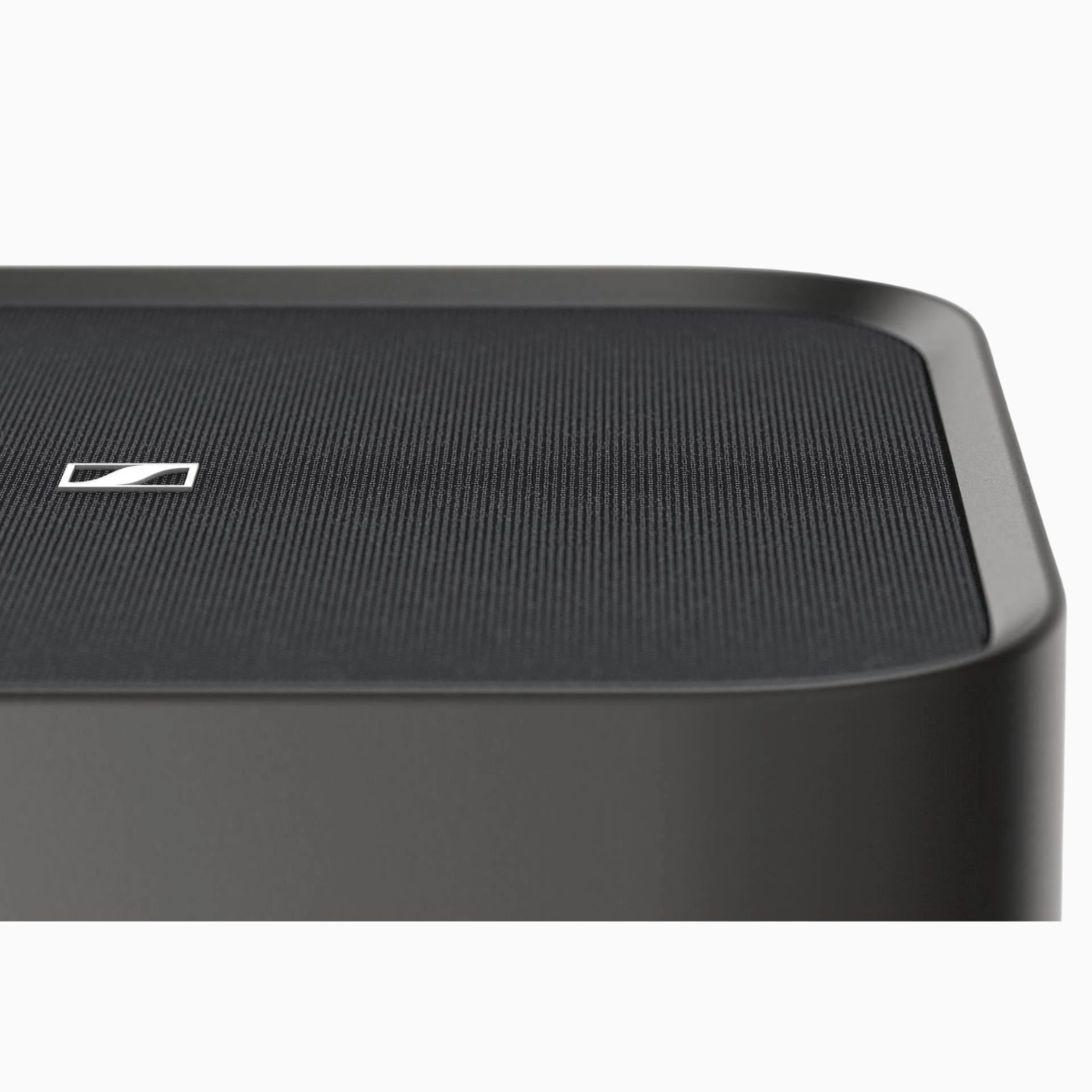 Black speaker with Sennheiser logo on a white background