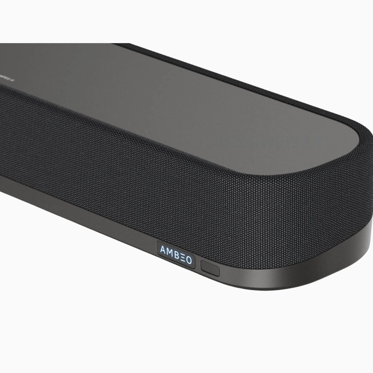Black soundbar with 'AMBEO' branding on a white background