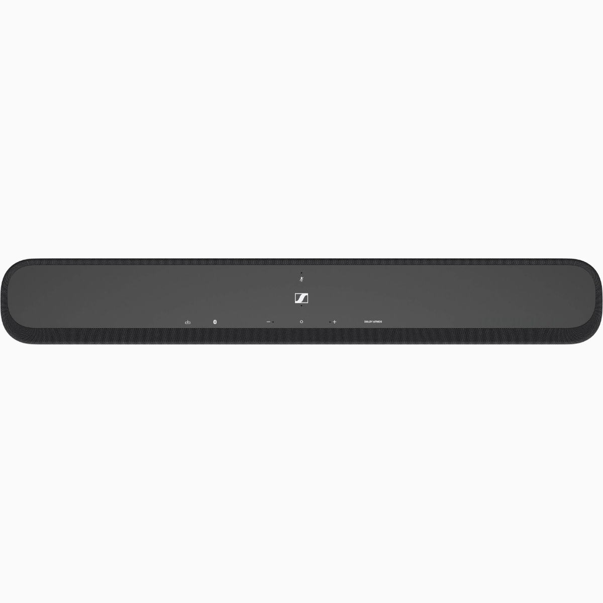 Black soundbar with Sennheiser logo on a white background