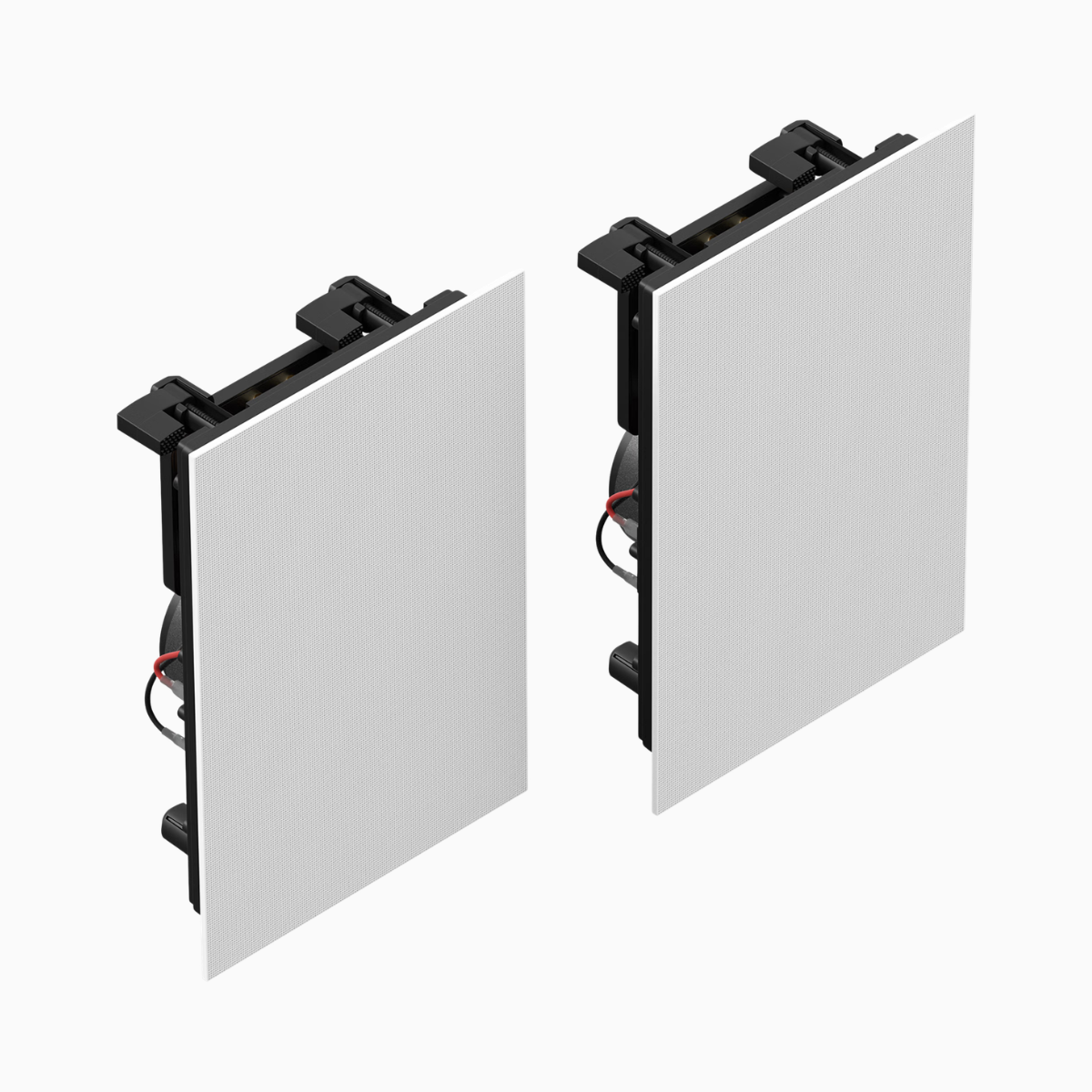 Two white inwall speaker panels with black brackets on a white background