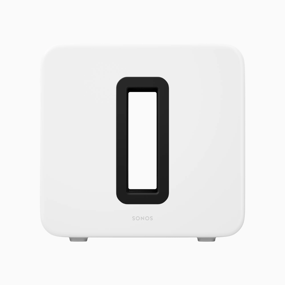 White Sonos subwoofer with black accent on a white background
