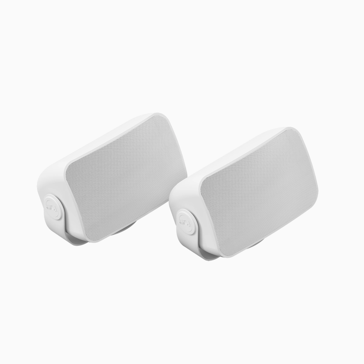 Two white outdoor speakers on a white background