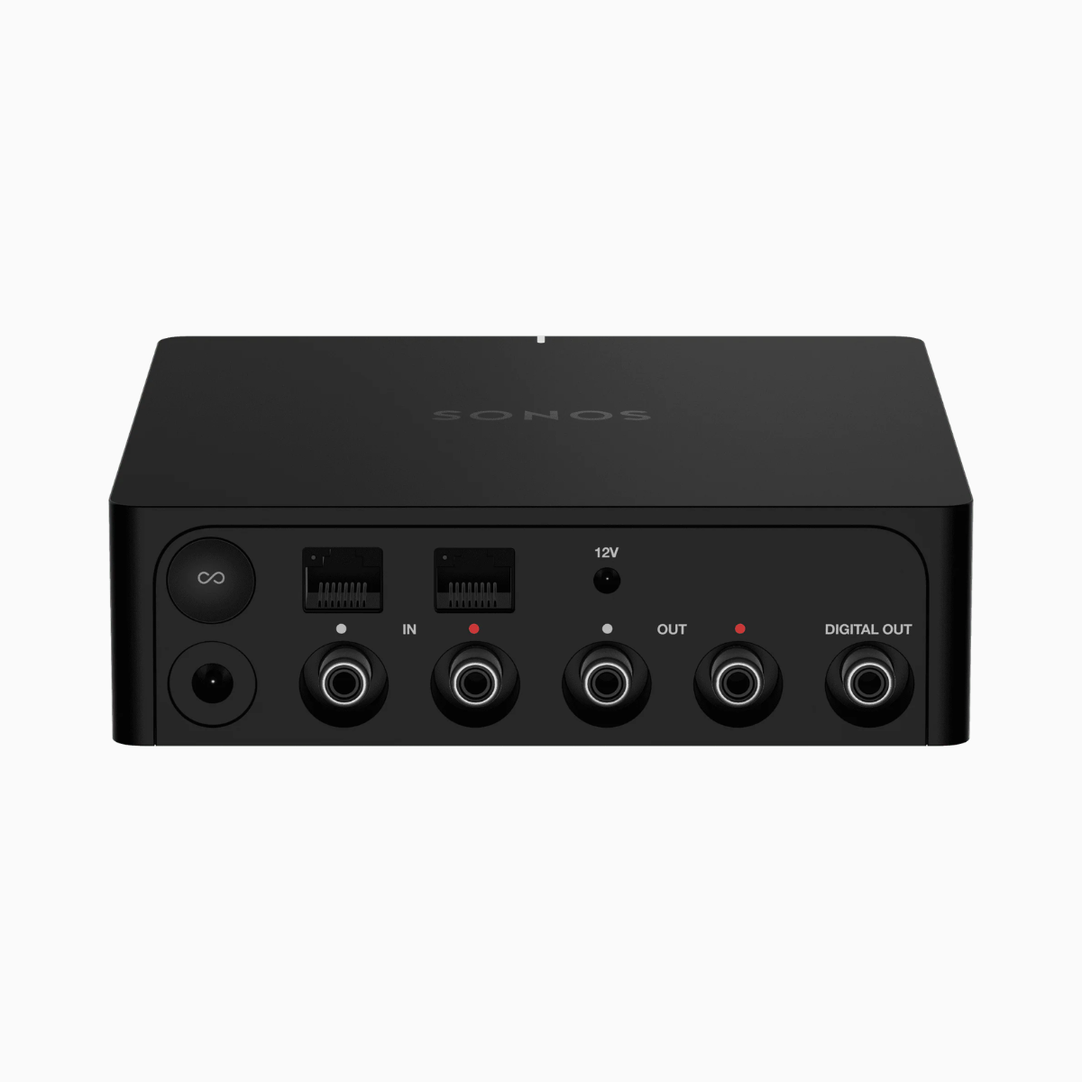 Black Sonos audio device with various ports on a white background