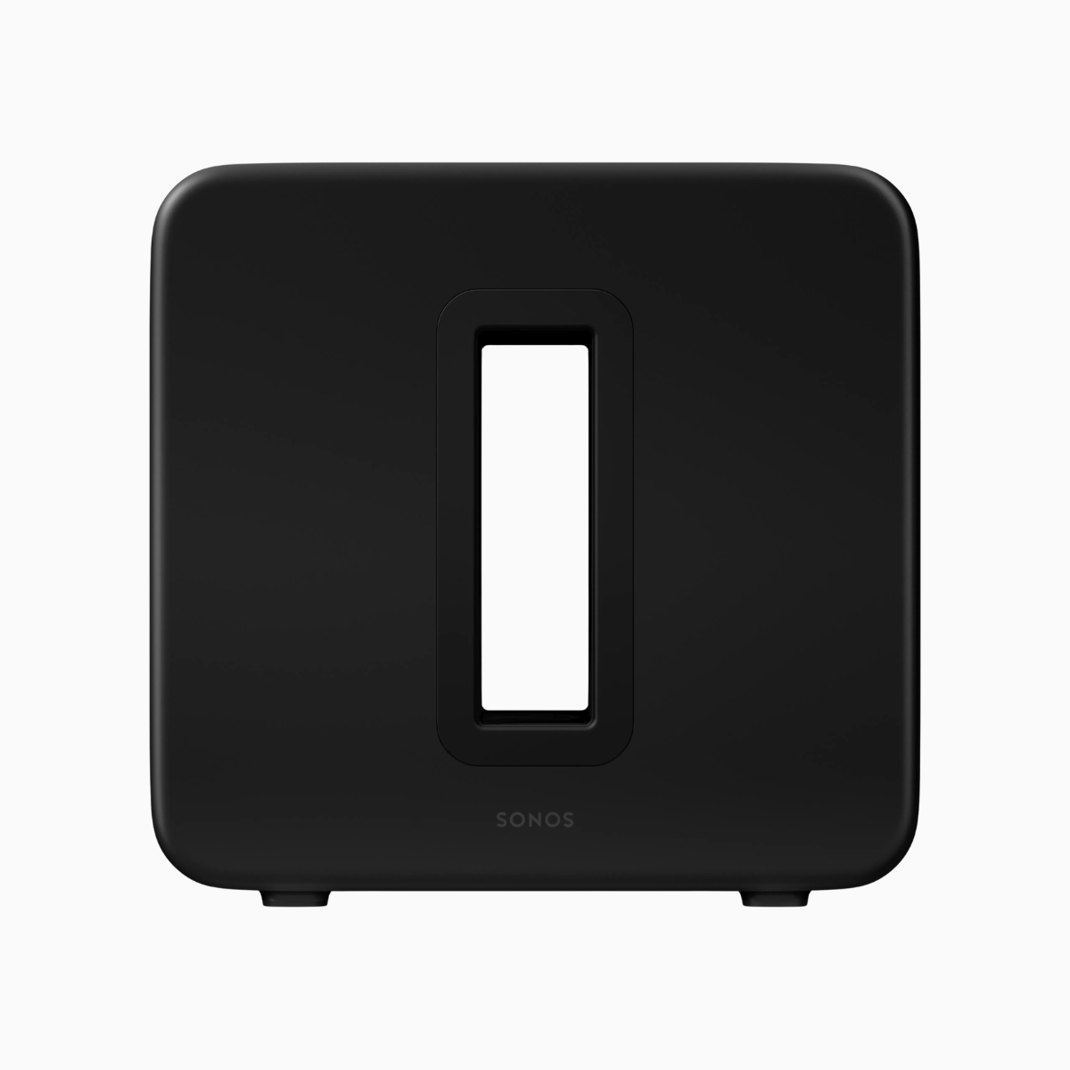 Black Sonos subwoofer on a white background