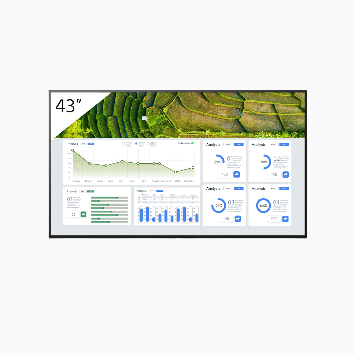 43-inch digital display with a green landscape and graphs on a white background