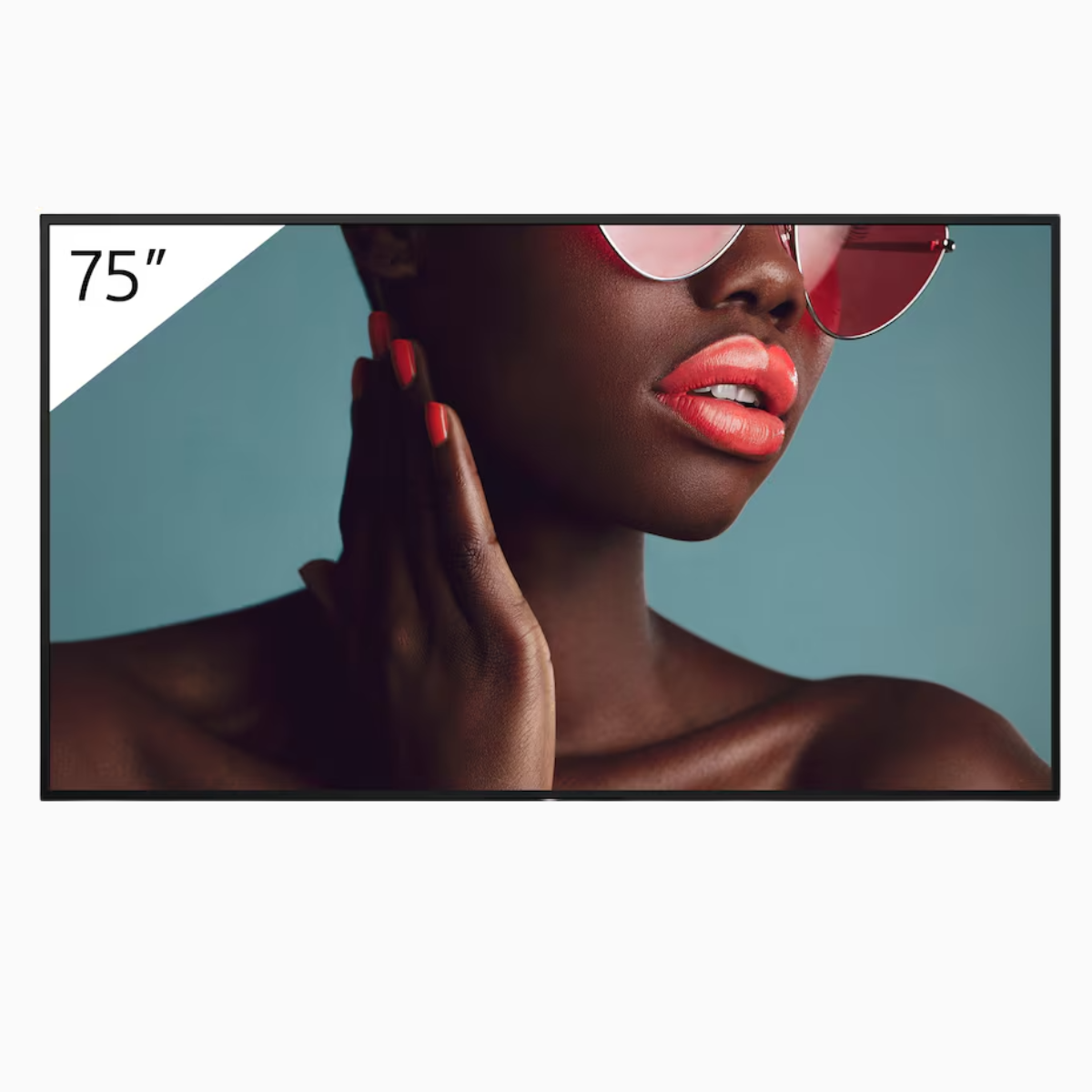 Woman wearing red sunglasses with a 75-inch TV screen overlay