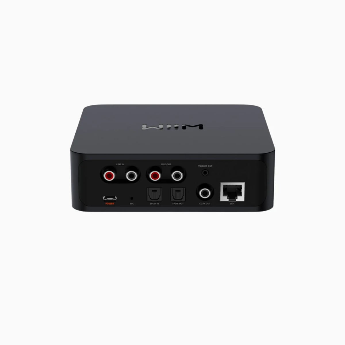 WiiM Pro streamer with multiple ports on a white background