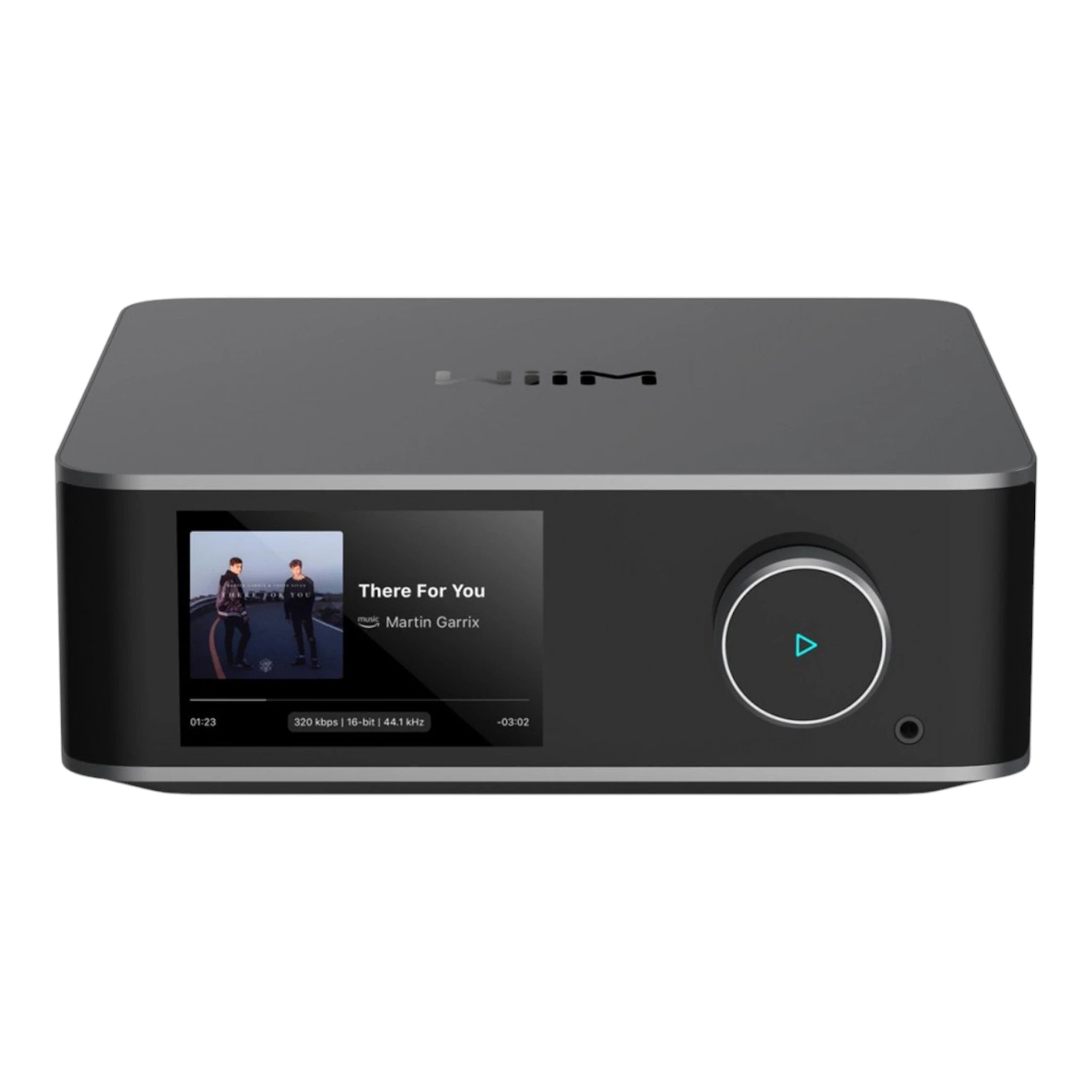 Black audio device with display and control buttons on a white background