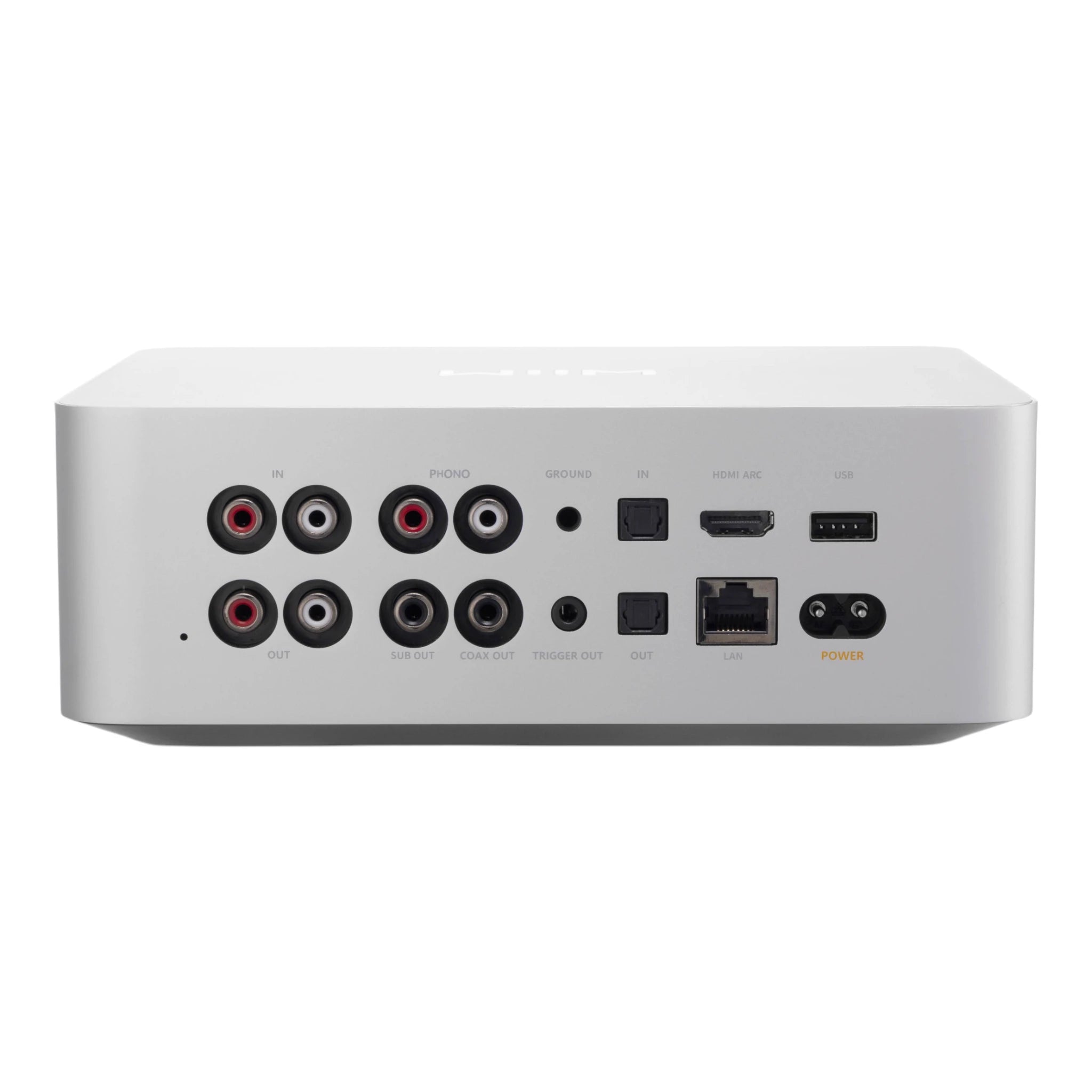 Back view of a electronic device with various ports on a white background