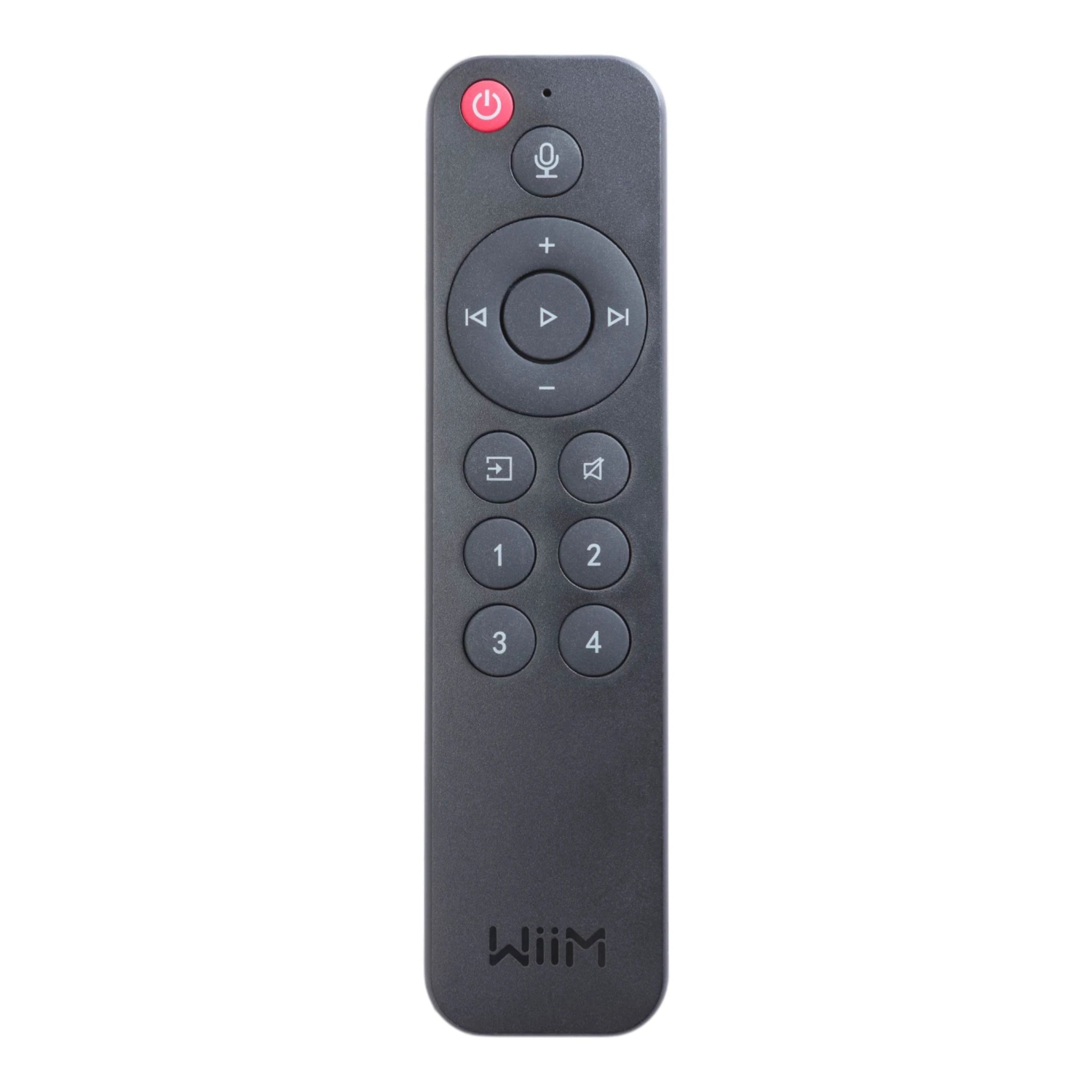 Black remote control with buttons and 'WiiM' branding on a white background