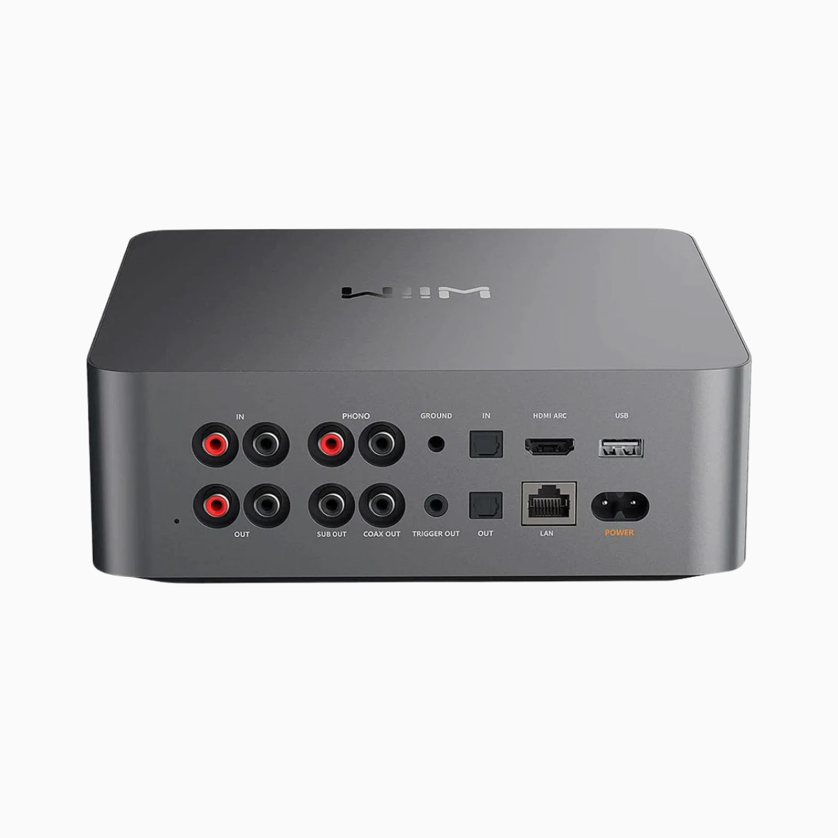 Back view of a gray electronic device with various ports on a white background