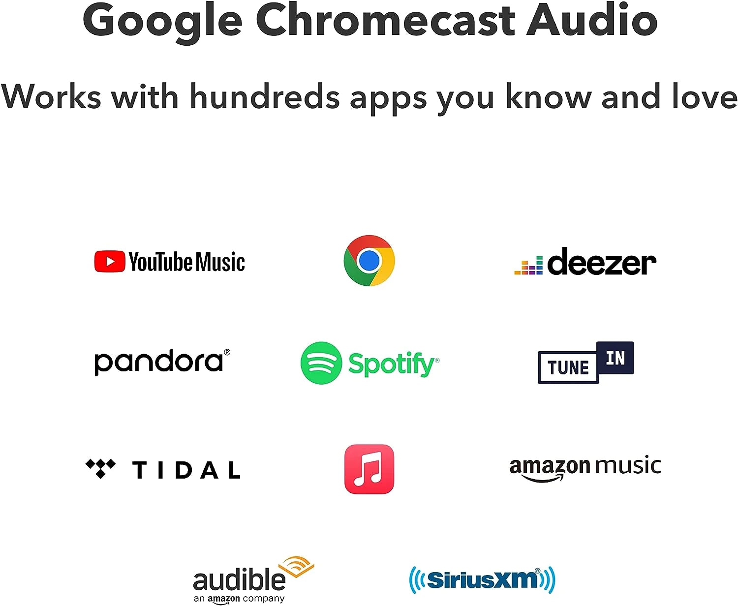 List of music streaming app logos compatible with Google Chromecast Audio on a white background.