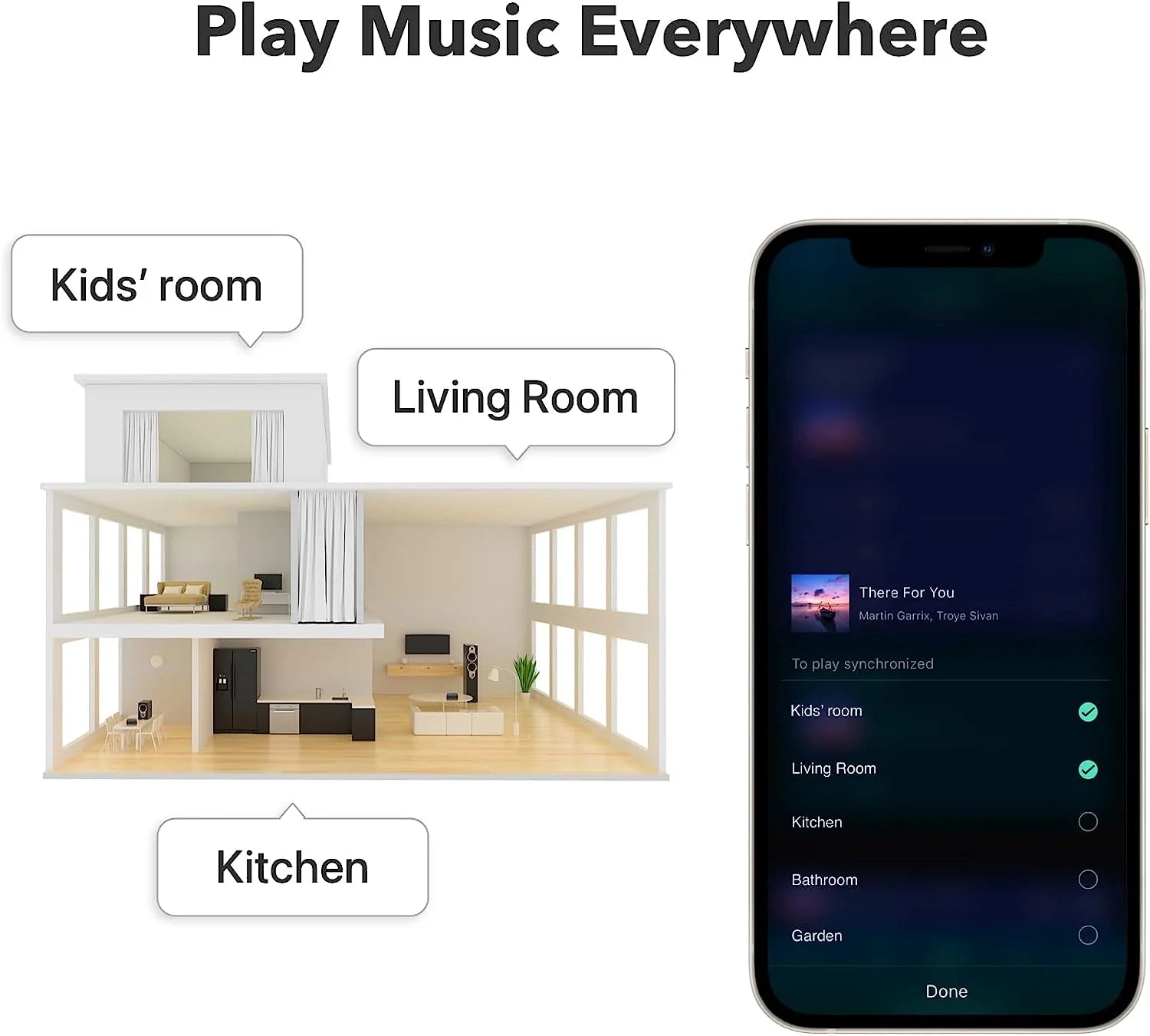 Smartphone app interface for playing music in different rooms of a house.