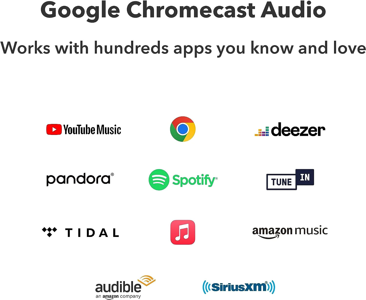 List of apps compatible with Google Chromecast Audio on a white background